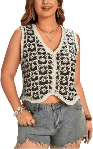 Verdusa Women's Plus Size Button Front V Neck Crochet Sweater Vest Sleeveless Knit Tops