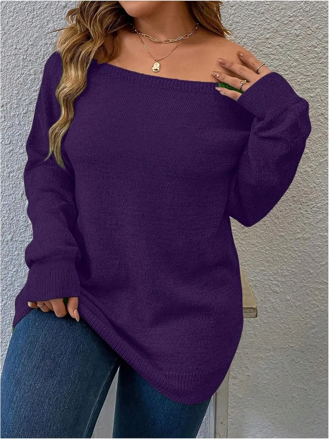 Verdusa Women's Plus Size Off The Shoulder Sweater Long Sleeve Pullover Lightweight Knit Tops