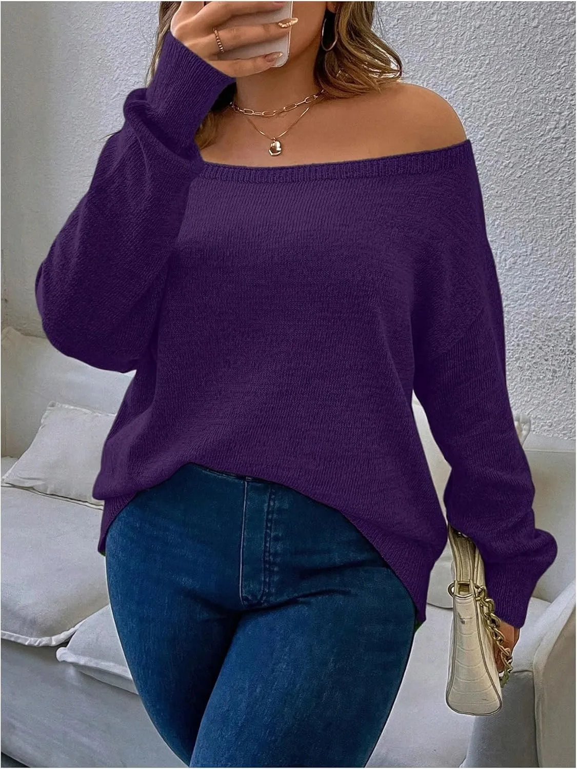Verdusa Women's Plus Size Off The Shoulder Sweater Long Sleeve Pullover Lightweight Knit Tops