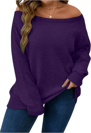 Verdusa Women's Plus Size Off The Shoulder Sweater Long Sleeve Pullover Lightweight Knit Tops