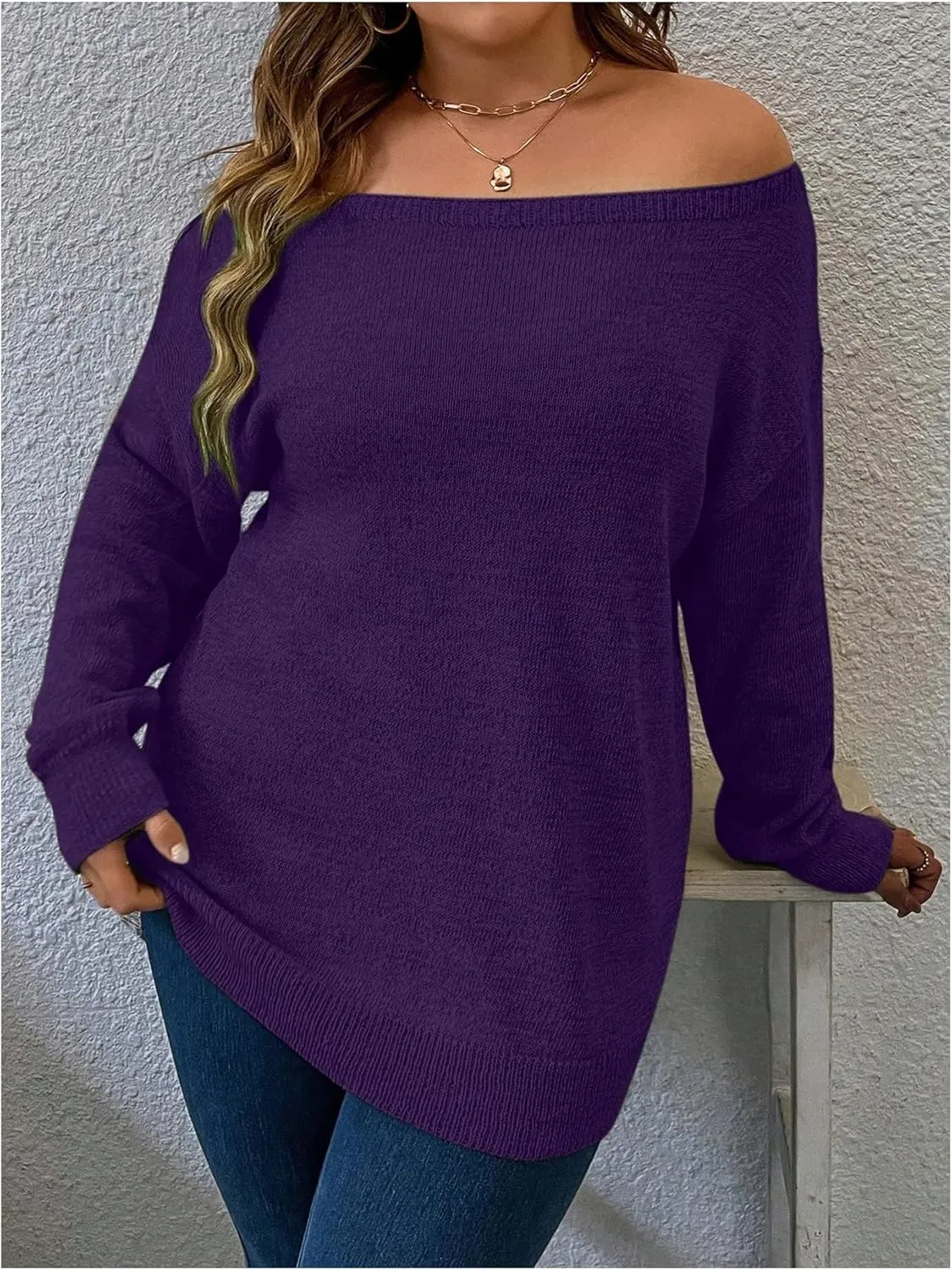 Verdusa Women's Plus Size Off The Shoulder Sweater Long Sleeve Pullover Lightweight Knit Tops