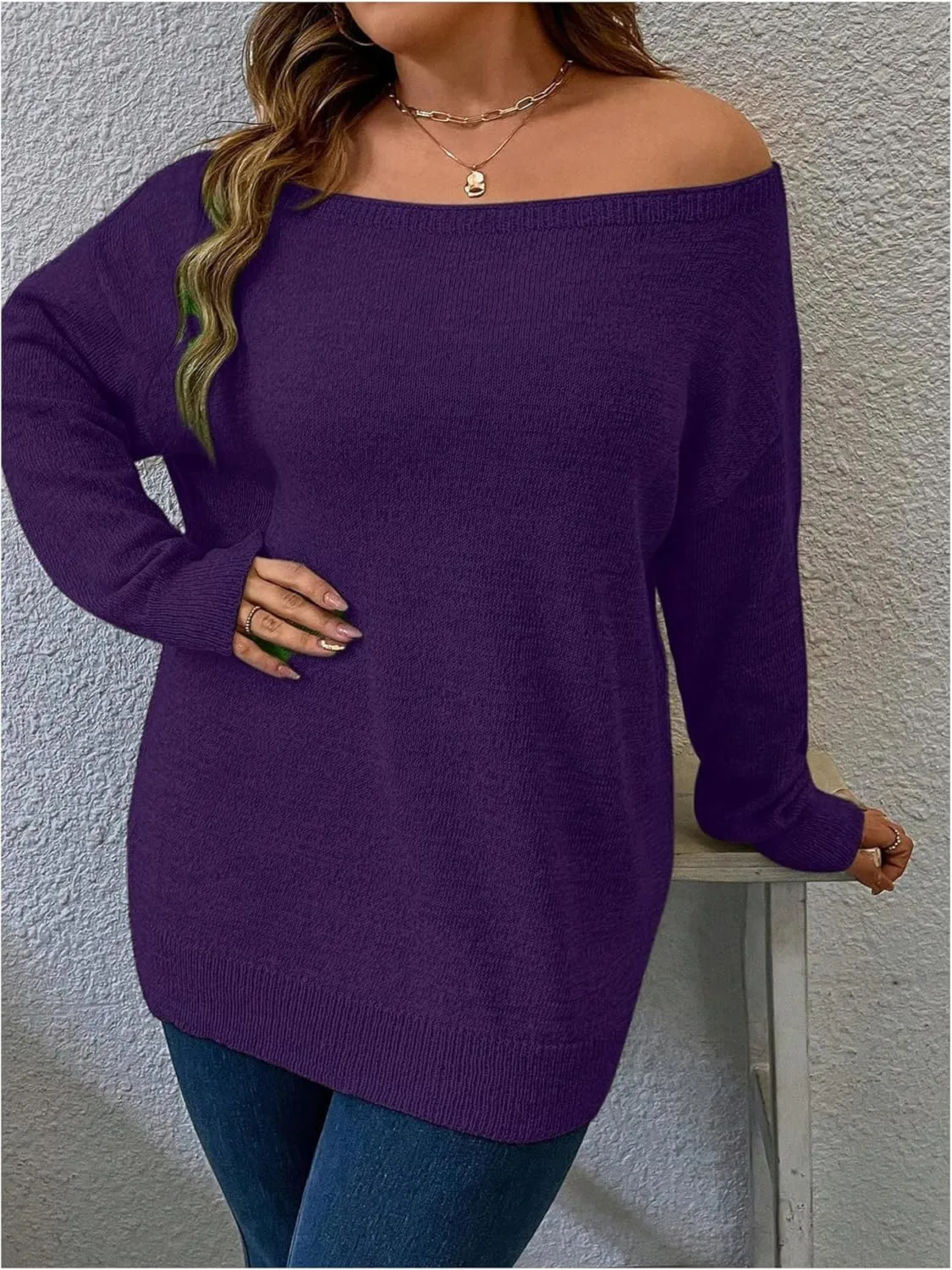 Verdusa Women's Plus Size Off The Shoulder Sweater Long Sleeve Pullover Lightweight Knit Tops
