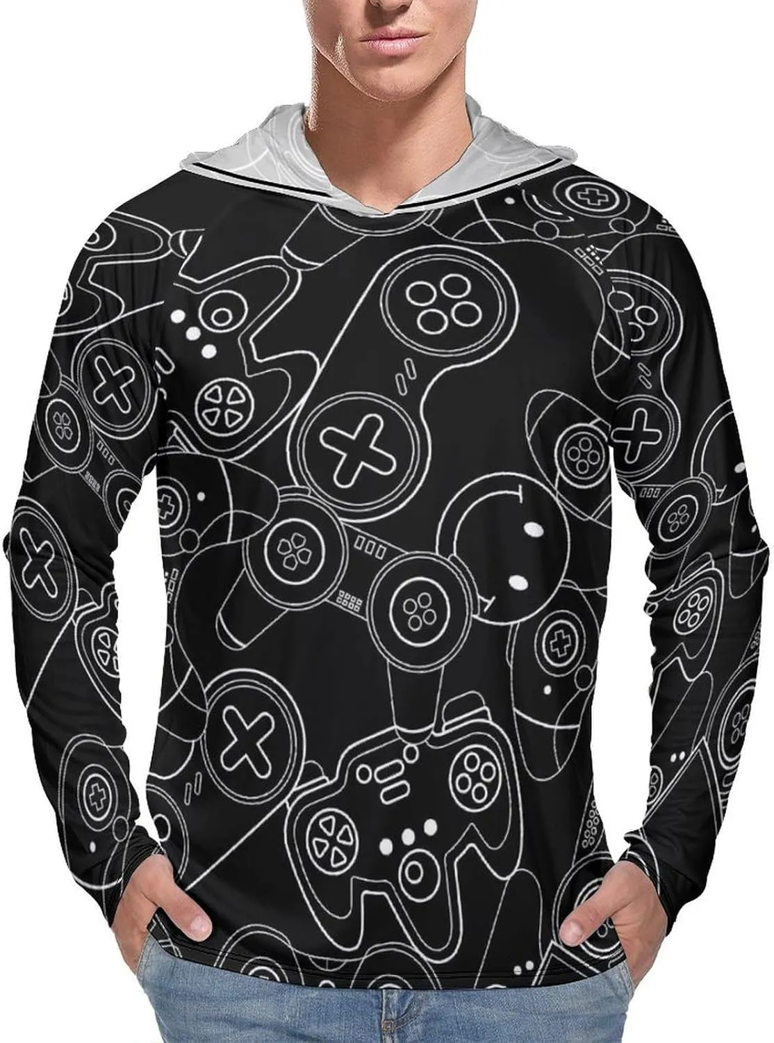 Video Games Controller Silhouette Men's Quick Dry Long Sleeve Shirts UV Sun Protection Moisture Wicking T-Shirt L