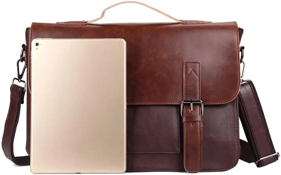 Vintage Briefcase Men Handbag Shoulder Leather Casual Brown Business Crossbody Laptop Office Bag