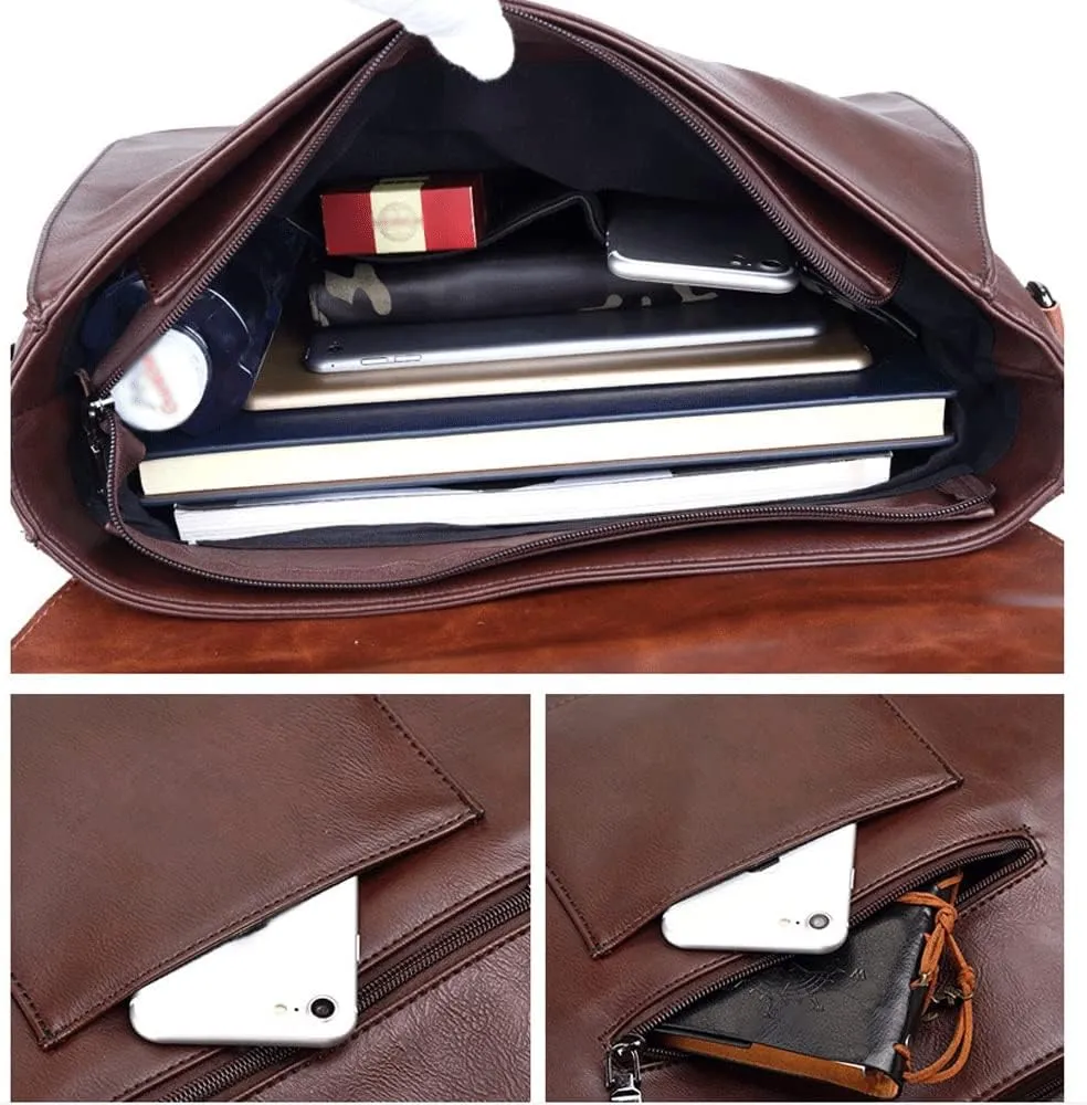 Vintage Briefcase Men Handbag Shoulder Leather Casual Brown Business Crossbody Laptop Office Bag