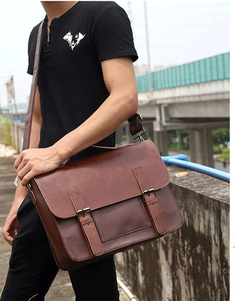 Vintage Briefcase Men Handbag Shoulder Leather Casual Brown Business Crossbody Laptop Office Bag