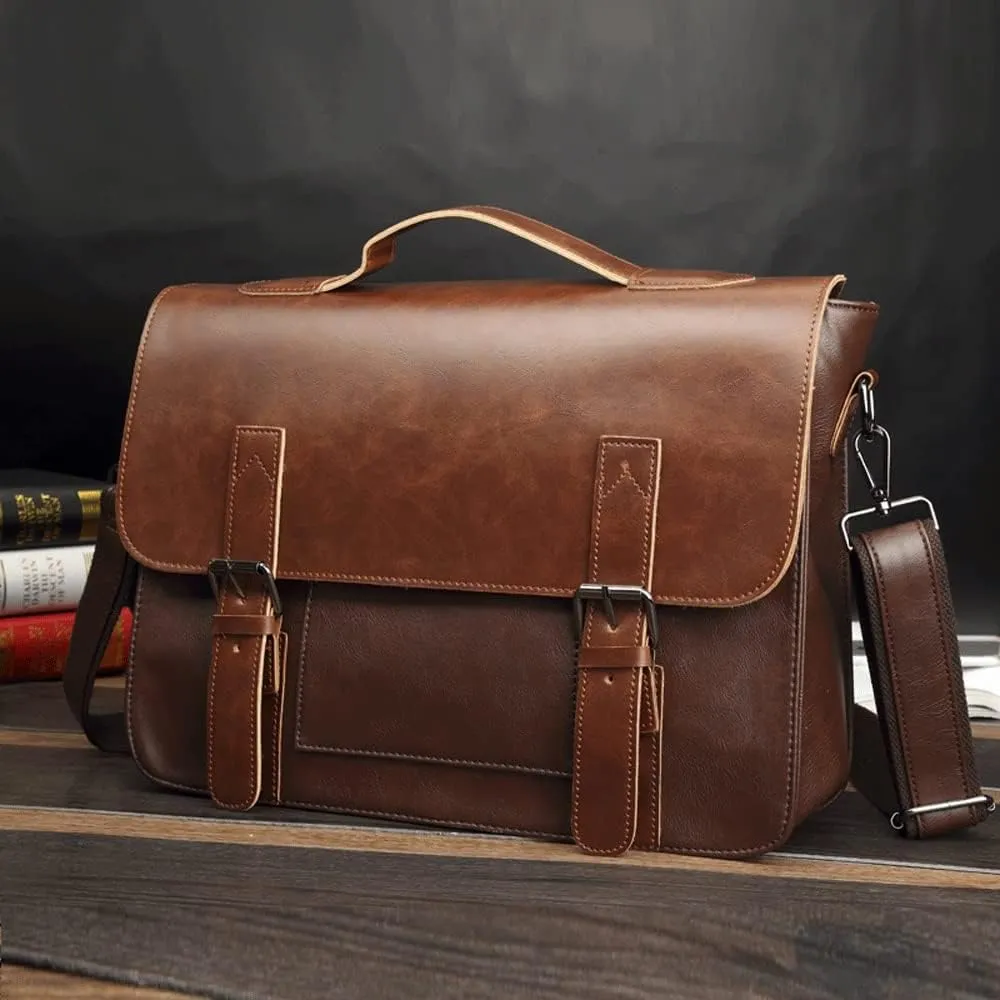 Vintage Briefcase Men Handbag Shoulder Leather Casual Brown Business Crossbody Laptop Office Bag