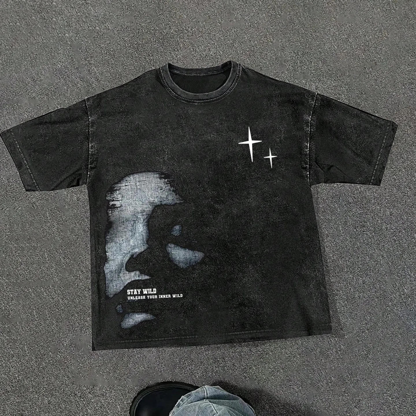 Vintage Portrait Graphic Distressed Acid Wash T-Shirt