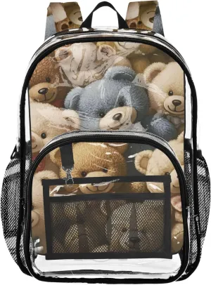 Vintage Teddy Bear Collection Clear Backpack Women Cute Kids Backpack for Girls Large Plastic Approved Bag