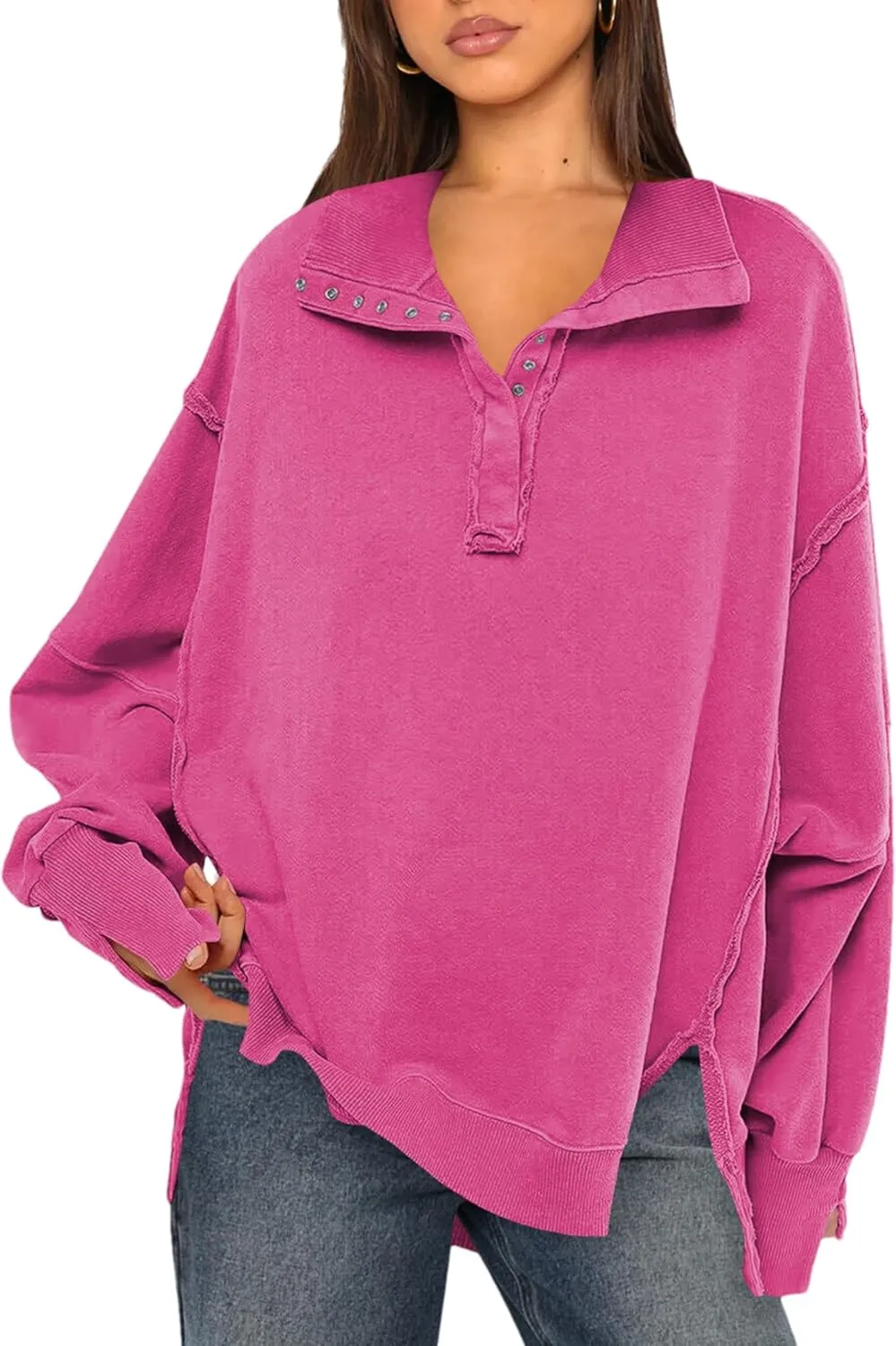 Wanzetaly Women's Oversized Sweatshirt Button Henley Neck Hoodies Long Sleeve Pullover Tops 2024 Outfits