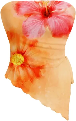 WDIRARA Women's Floral Mesh Strapless Side Ruched Tube Top Asymmetrical Hem Bandeau Crop Tops