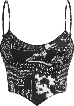 WDIRARA Women's Newspaper Print Camisole Asymmetrical Hem Sleeveless Crop Top Spaghetti Strap Cami Tops