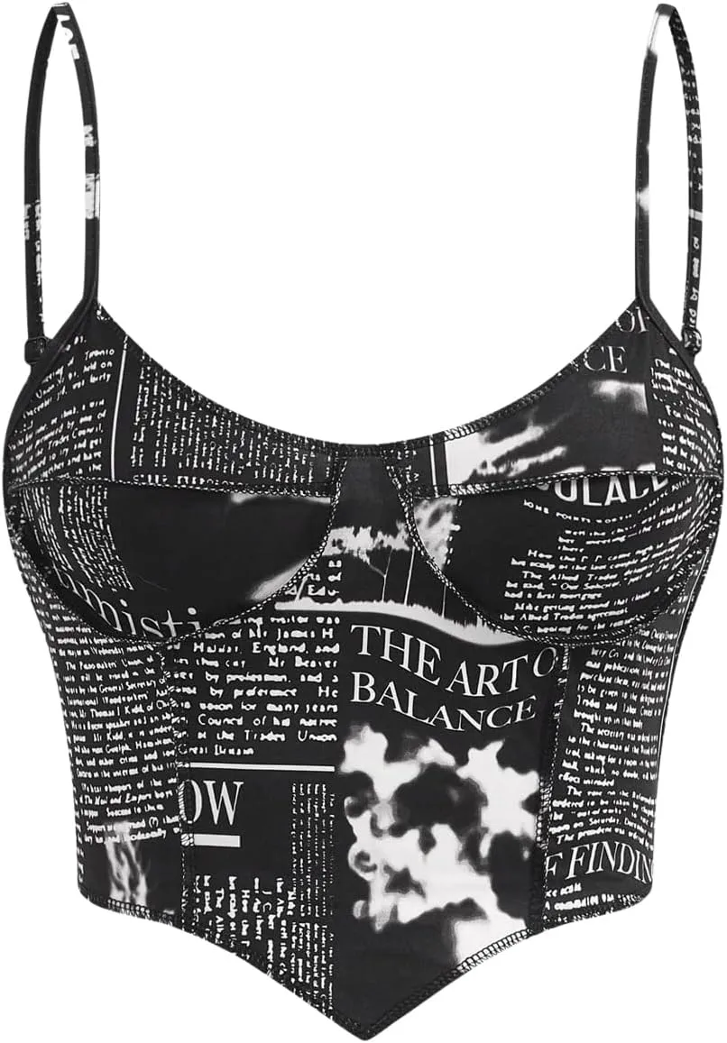 WDIRARA Women's Newspaper Print Camisole Asymmetrical Hem Sleeveless Crop Top Spaghetti Strap Cami Tops