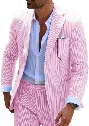 Wehilion Men 2 Pieces Seersucker Suit Casual 2 Button Slim Fit Striped Suits for Men Summer Wedding Prom Suit Jacket Pants
