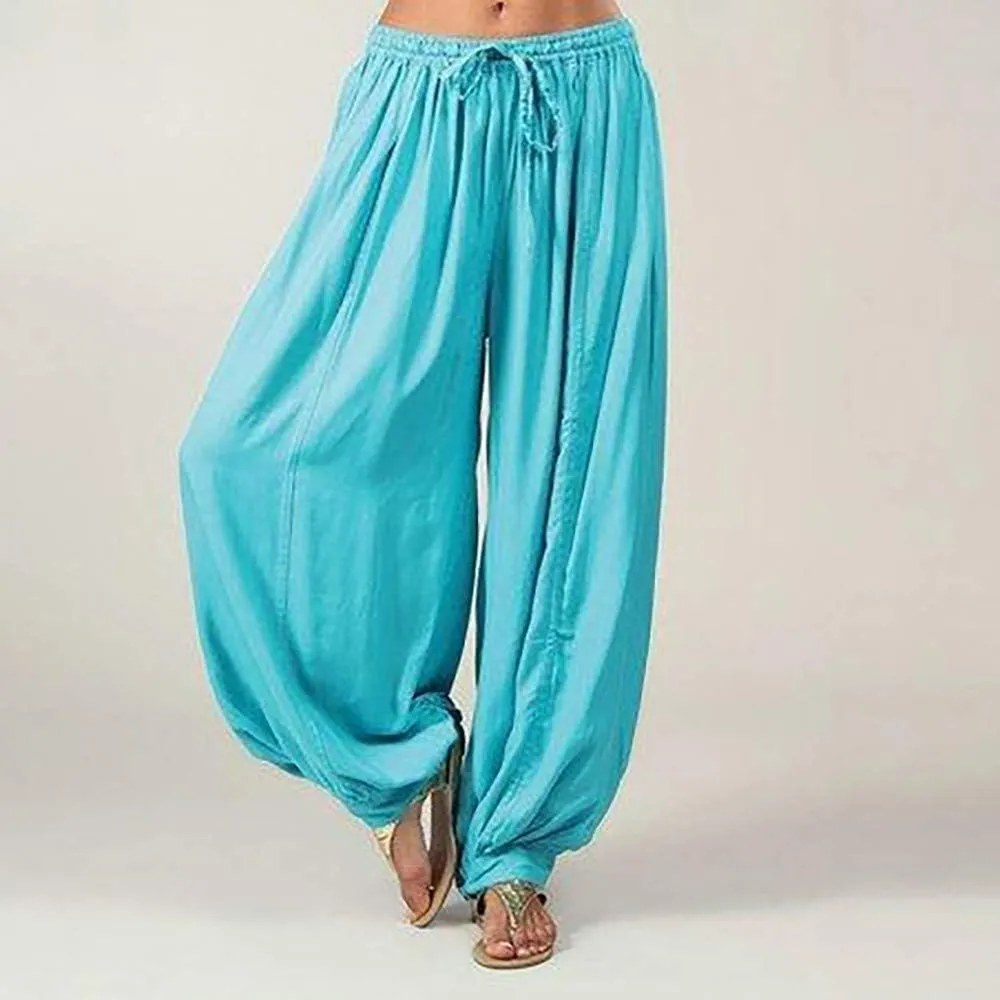 White Linen Pants Women| Wide Leg Dressy Baggy Beach Harem Pants with Pockets Solid Yoga Palazzo Pants for Women
