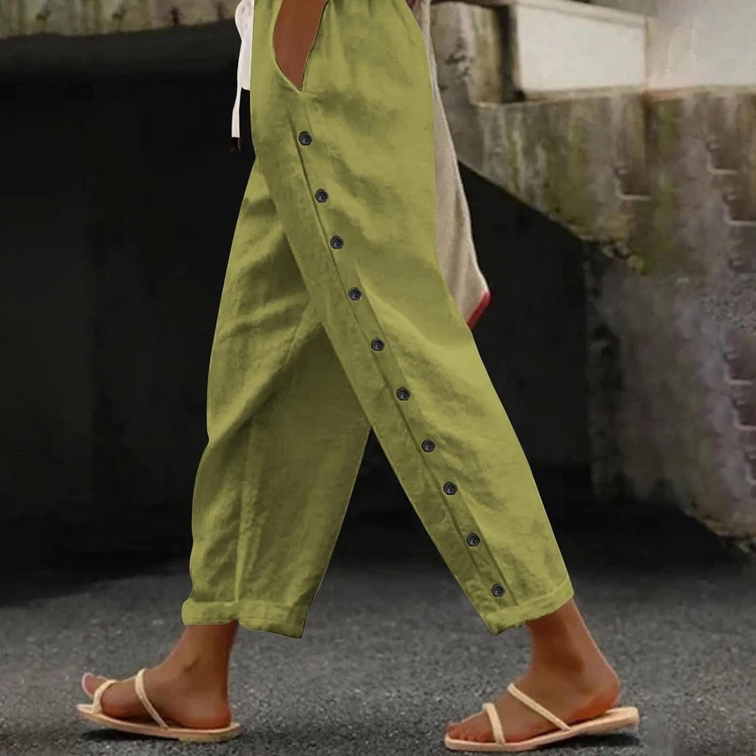 Wide Leg Cropped Pants Womens Lightweight Baggy Linen Straight Leg Trousers Casual Flowy Loose Linen Pants with Pockets