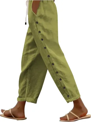 Wide Leg Cropped Pants Womens Lightweight Baggy Linen Straight Leg Trousers Casual Flowy Loose Linen Pants with Pockets