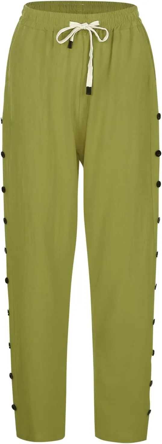 Wide Leg Cropped Pants Womens Lightweight Baggy Linen Straight Leg Trousers Casual Flowy Loose Linen Pants with Pockets