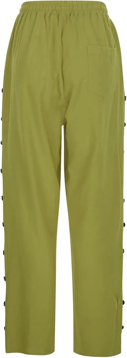 Wide Leg Cropped Pants Womens Lightweight Baggy Linen Straight Leg Trousers Casual Flowy Loose Linen Pants with Pockets