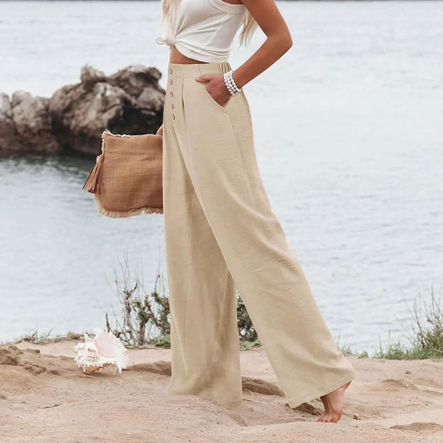 Wide Leg Dress Pants Women Business Casual High Waisted Pants Office Button Down Pleated Work Trousers with Pockets