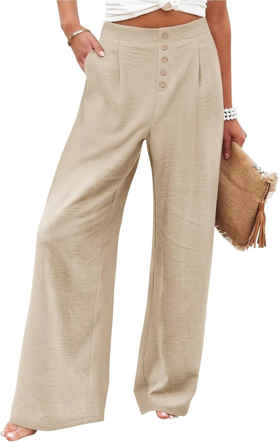 Wide Leg Dress Pants Women Business Casual High Waisted Pants Office Button Down Pleated Work Trousers with Pockets
