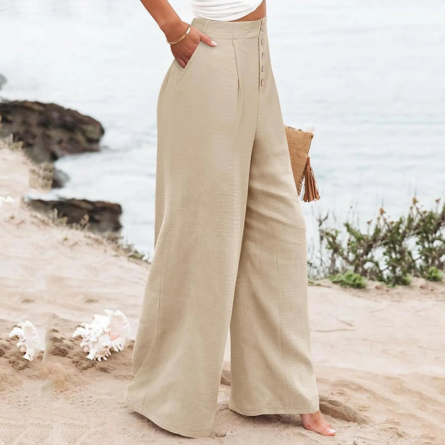 Wide Leg Dress Pants Women Business Casual High Waisted Pants Office Button Down Pleated Work Trousers with Pockets