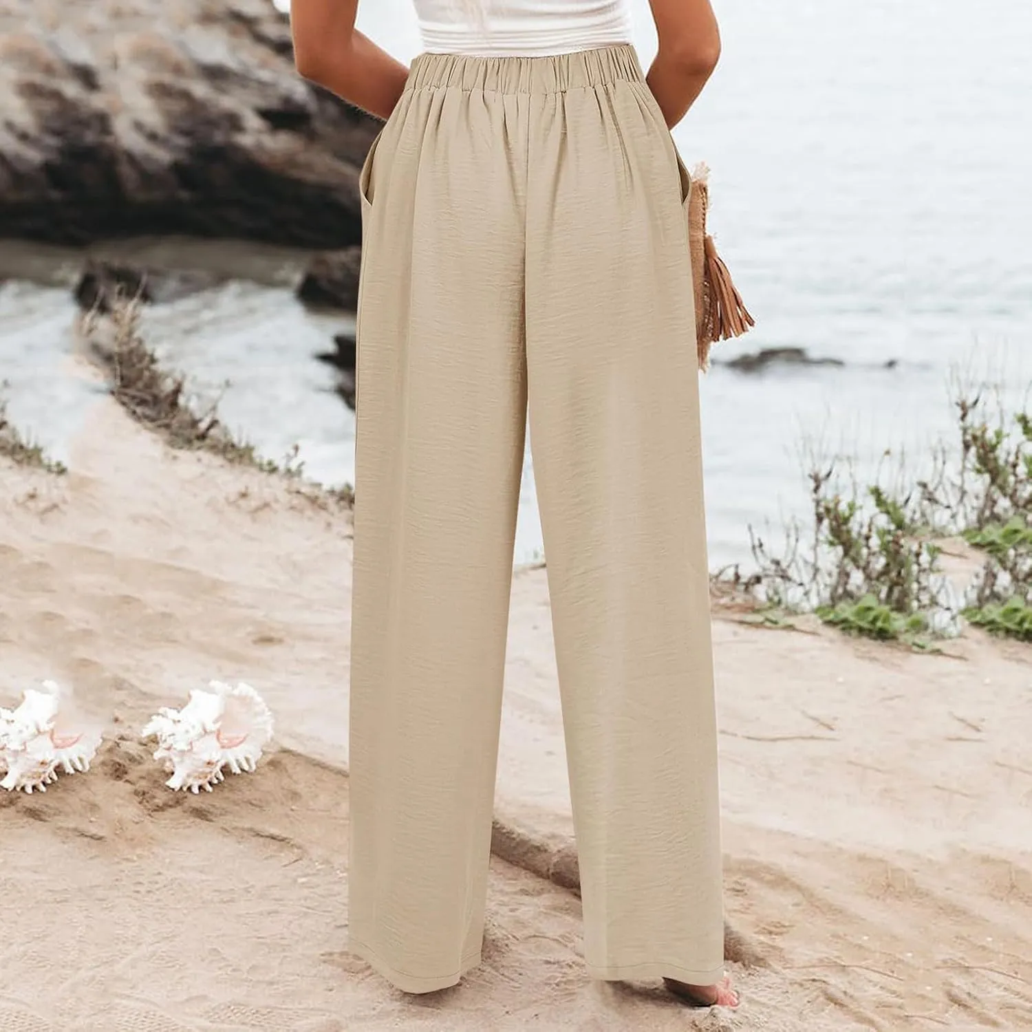 Wide Leg Dress Pants Women Business Casual High Waisted Pants Office Button Down Pleated Work Trousers with Pockets