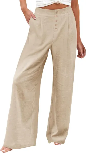 Wide Leg Dress Pants Women Business Casual High Waisted Pants Office Button Down Pleated Work Trousers with Pockets