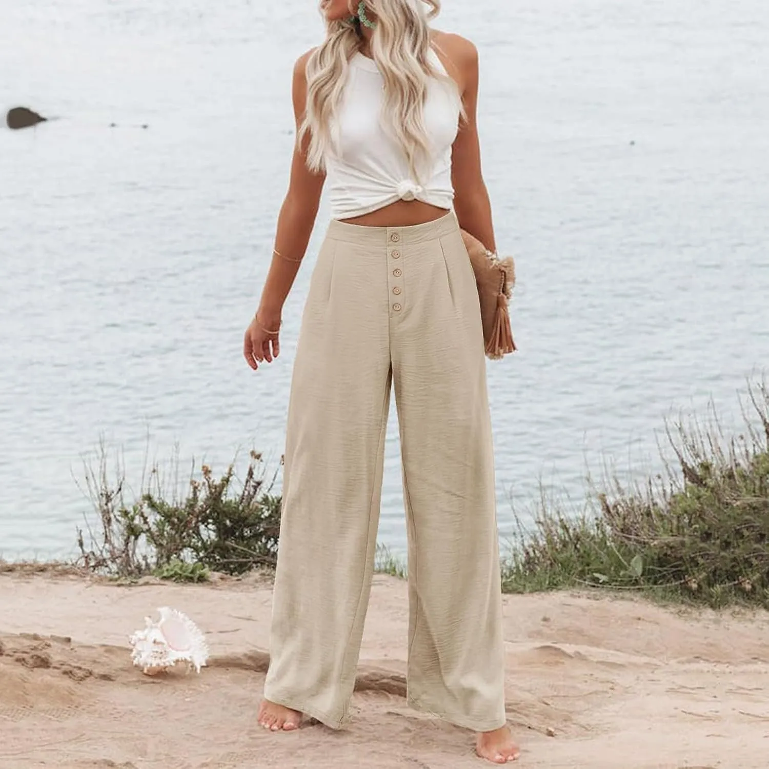 Wide Leg Dress Pants Women Business Casual High Waisted Pants Office Button Down Pleated Work Trousers with Pockets