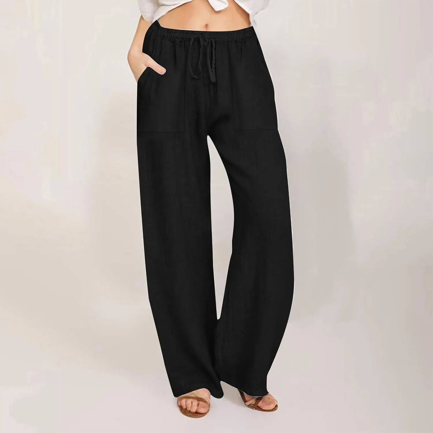 Wide Leg Linen Pants for Women 2025 Summer Drawstring Waist Loose Cotton Linen Palazzo Trousers Casual Lounge Pants