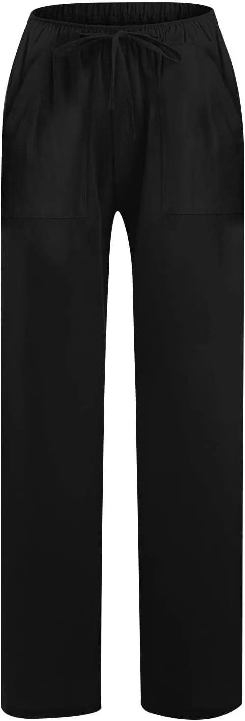 Wide Leg Linen Pants for Women 2025 Summer Drawstring Waist Loose Cotton Linen Palazzo Trousers Casual Lounge Pants