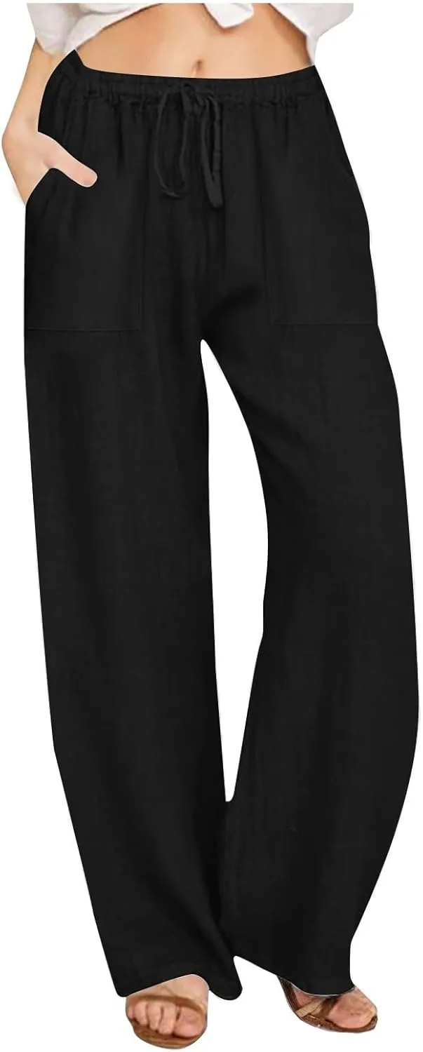 Wide Leg Linen Pants for Women 2025 Summer Drawstring Waist Loose Cotton Linen Palazzo Trousers Casual Lounge Pants
