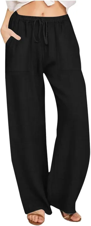 Wide Leg Linen Pants for Women 2025 Summer Drawstring Waist Loose Cotton Linen Palazzo Trousers Casual Lounge Pants