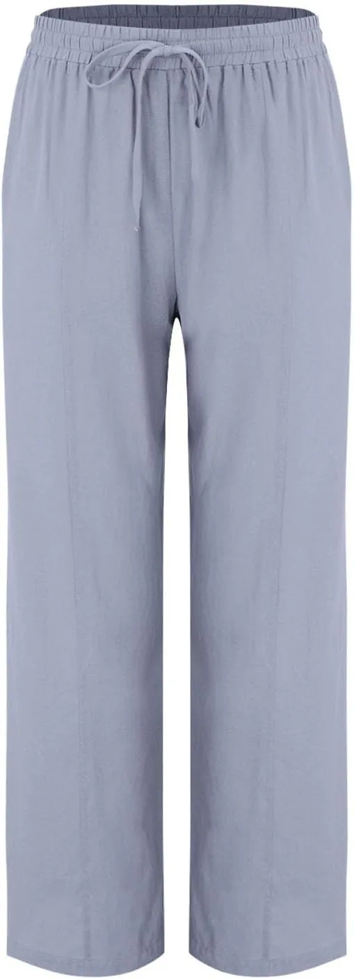 Wide Leg Linen Pants for Women Palazzo Casual Flowy Pants High Waisted Drawstring Lounge Comfy Trousers with Pockets