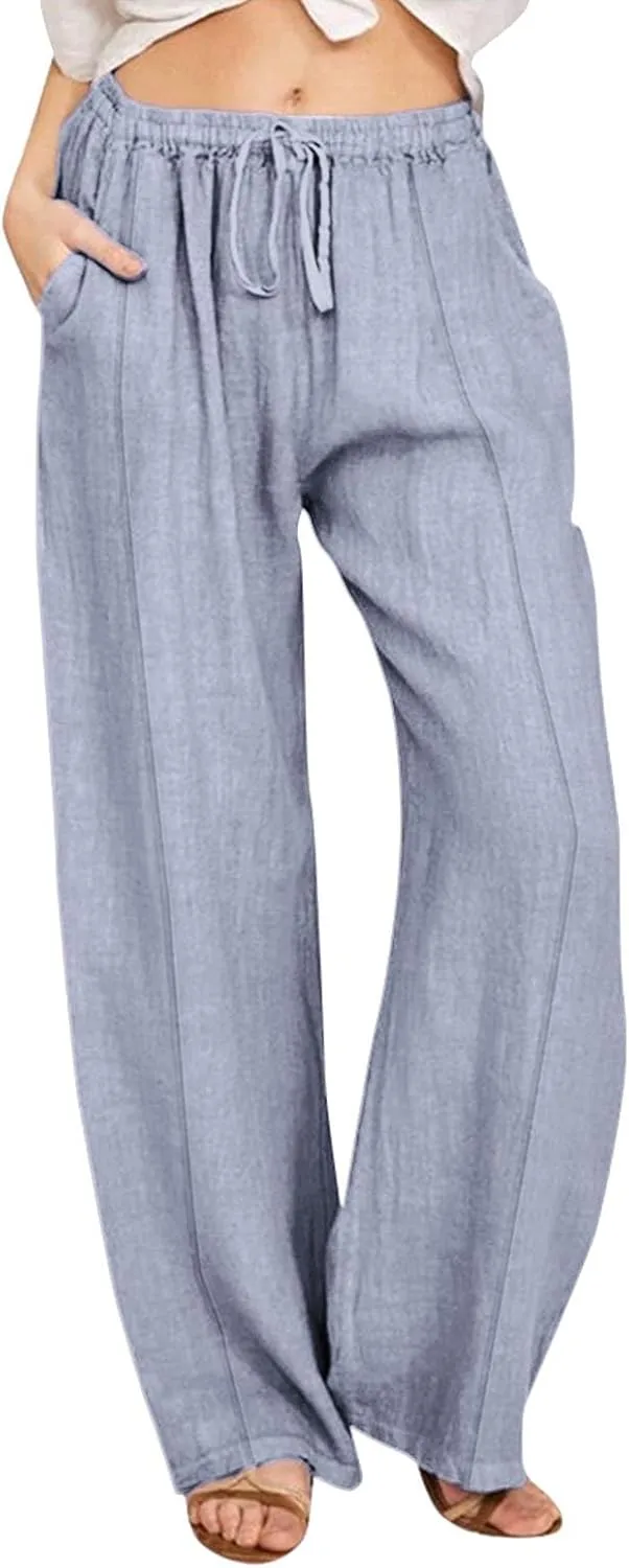 Wide Leg Linen Pants for Women Palazzo Casual Flowy Pants High Waisted Drawstring Lounge Comfy Trousers with Pockets