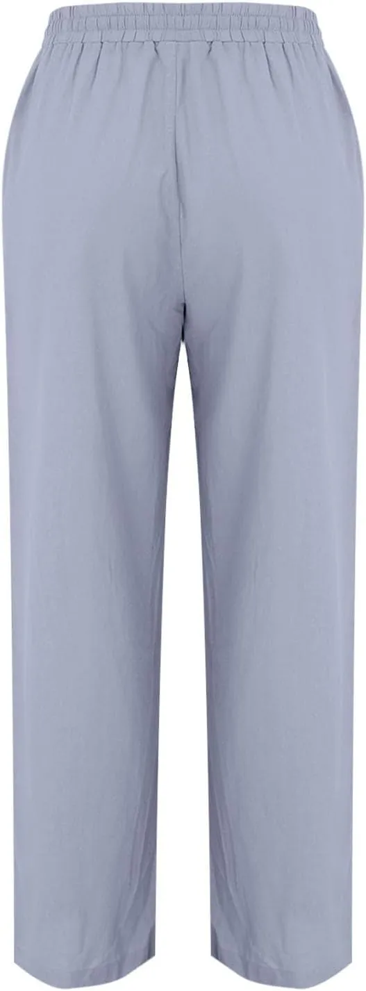 Wide Leg Linen Pants for Women Palazzo Casual Flowy Pants High Waisted Drawstring Lounge Comfy Trousers with Pockets