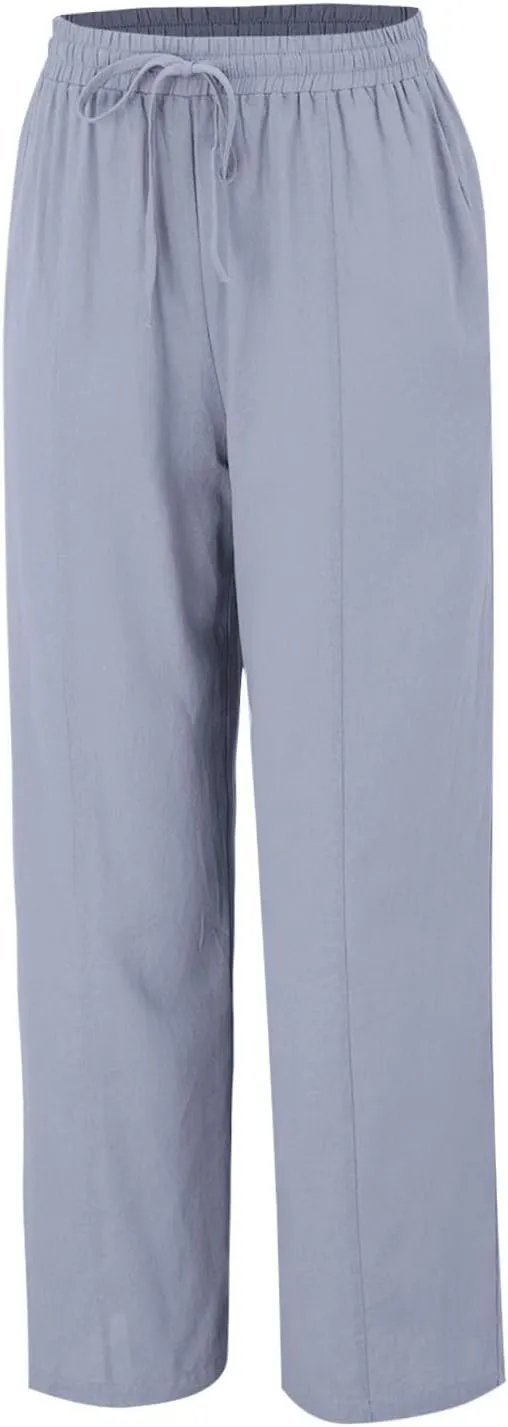 Wide Leg Linen Pants for Women Palazzo Casual Flowy Pants High Waisted Drawstring Lounge Comfy Trousers with Pockets