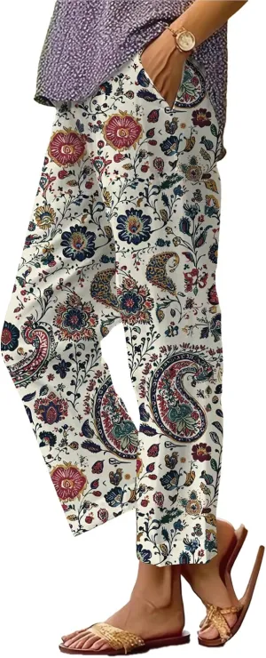 Wide Leg Linen Pants for Women Plus Size Summer Boho Floral Pants Drawstring Elastic Waist Palazzo Pants