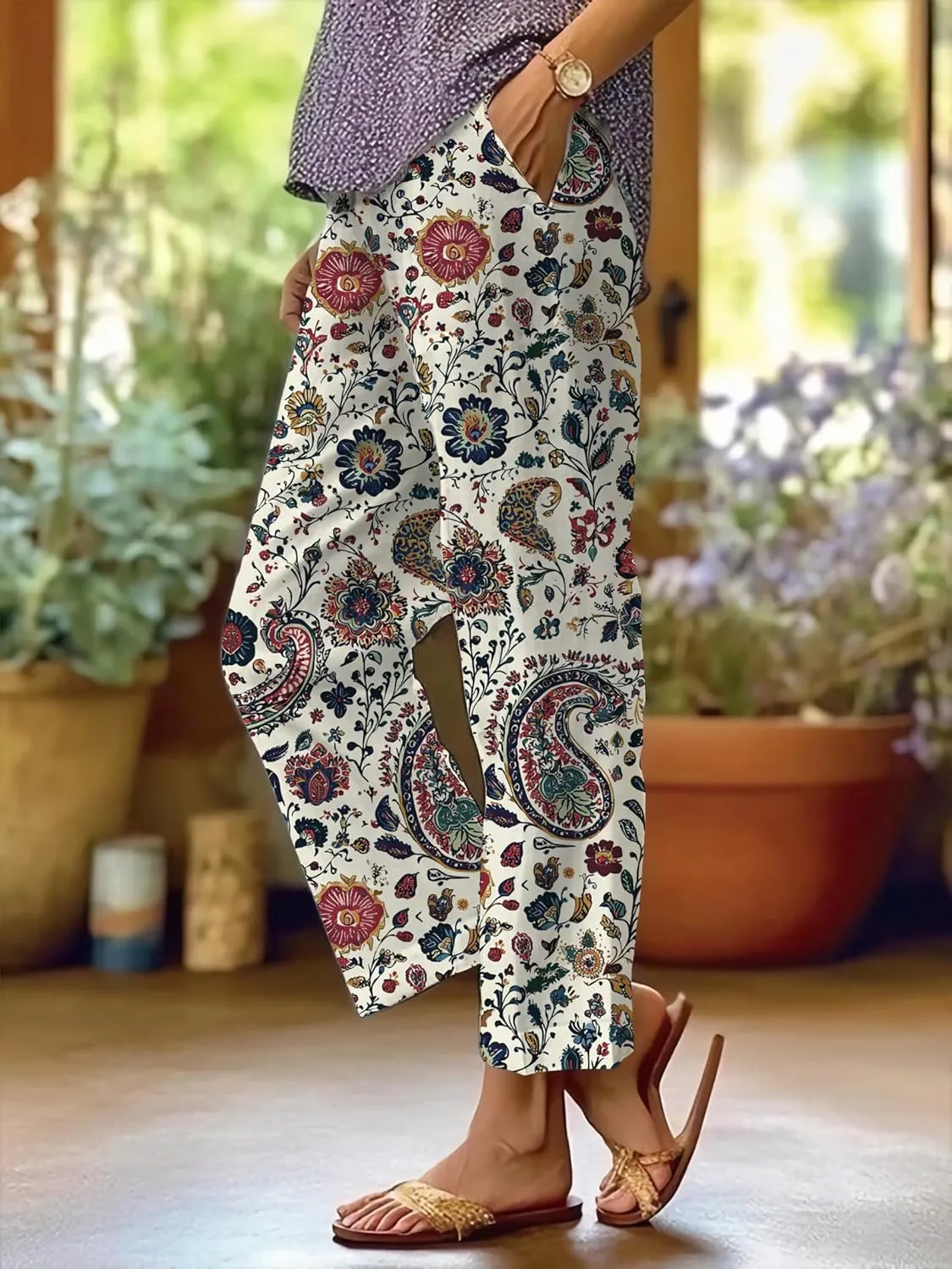 Wide Leg Linen Pants for Women Plus Size Summer Boho Floral Pants Drawstring Elastic Waist Palazzo Pants