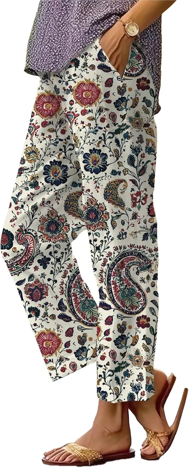 Wide Leg Linen Pants for Women Plus Size Summer Boho Floral Pants Drawstring Elastic Waist Palazzo Pants