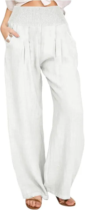 Wide Leg Linen Pants Women Smocked High Waisted Palazzo Pants Dressy Casual Ladies Loose Lounge Trousers with Pockets