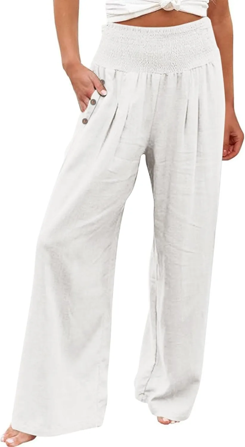 Wide Leg Linen Pants Women Smocked High Waisted Palazzo Pants Dressy Casual Ladies Loose Lounge Trousers with Pockets