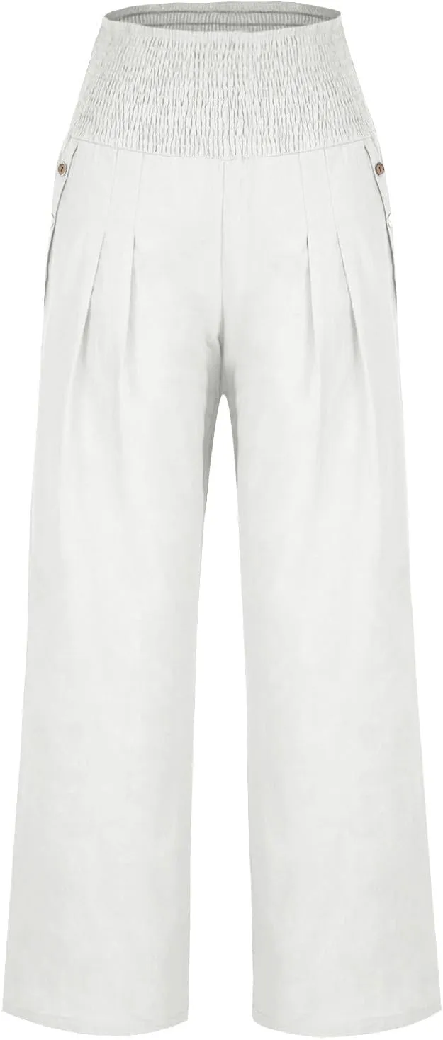 Wide Leg Linen Pants Women Smocked High Waisted Palazzo Pants Dressy Casual Ladies Loose Lounge Trousers with Pockets
