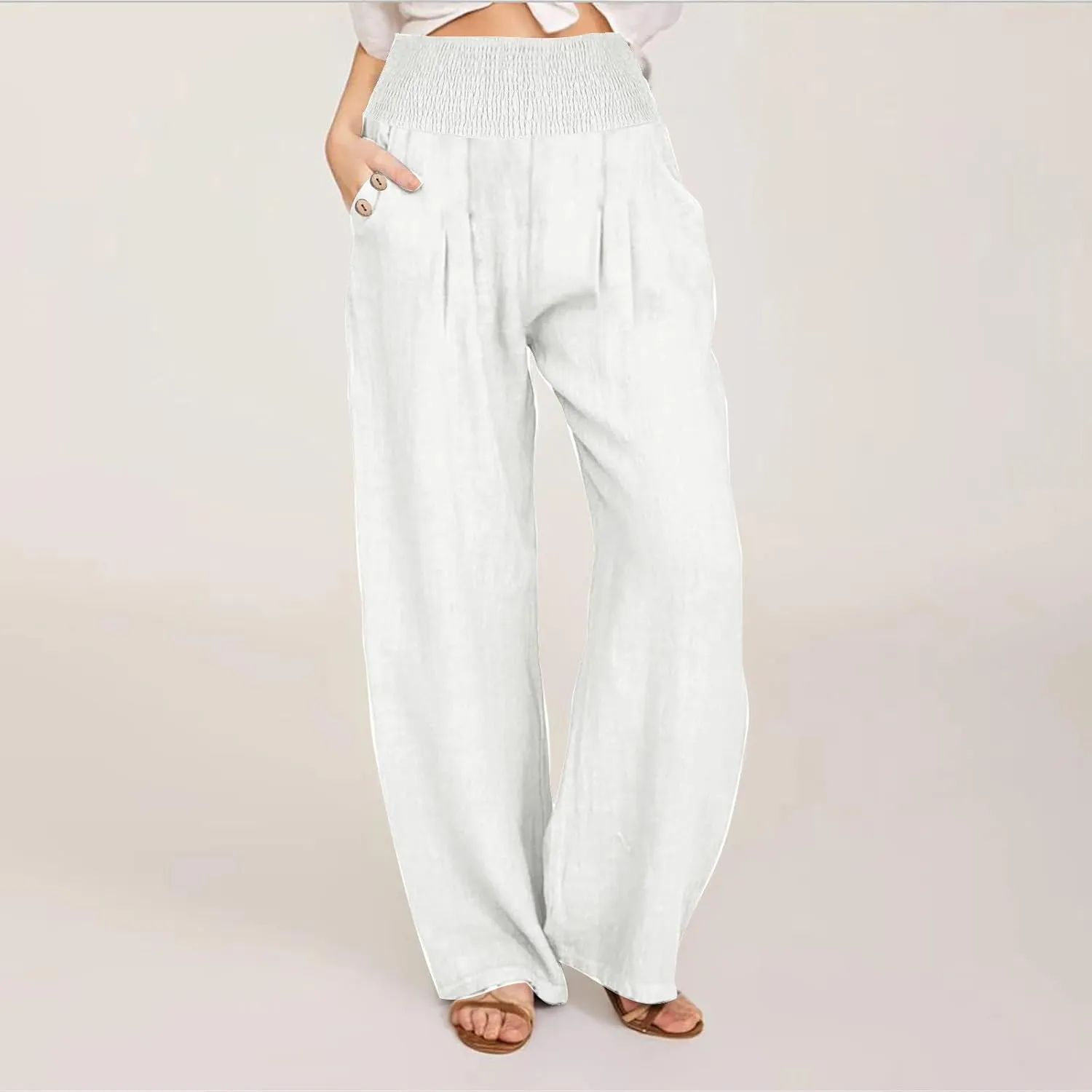 Wide Leg Linen Pants Women Smocked High Waisted Palazzo Pants Dressy Casual Ladies Loose Lounge Trousers with Pockets