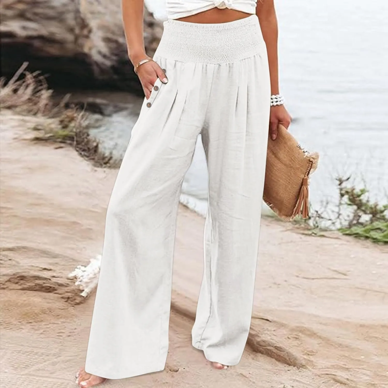 Wide Leg Linen Pants Women Smocked High Waisted Palazzo Pants Dressy Casual Ladies Loose Lounge Trousers with Pockets