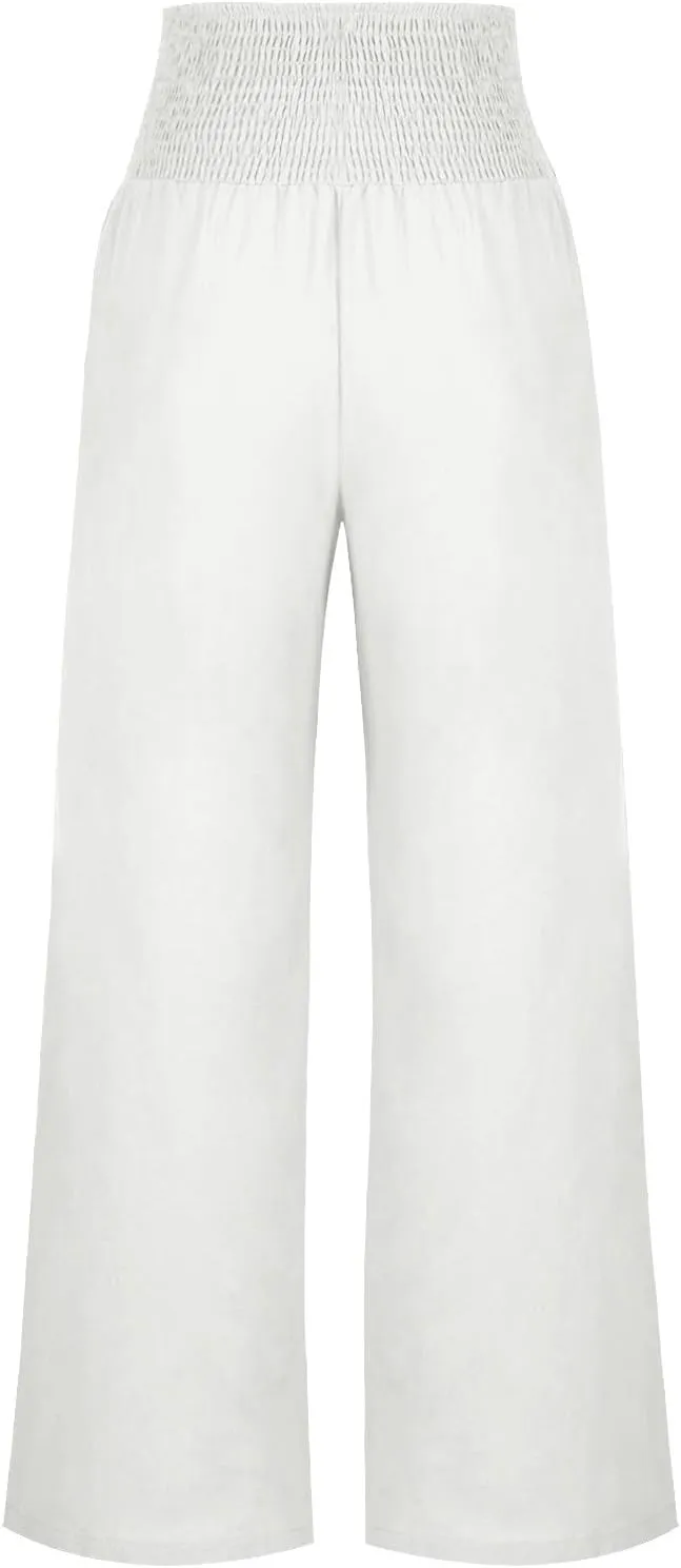 Wide Leg Linen Pants Women Smocked High Waisted Palazzo Pants Dressy Casual Ladies Loose Lounge Trousers with Pockets