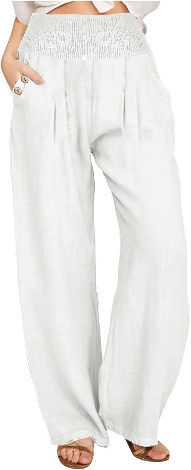 Wide Leg Linen Pants Women Smocked High Waisted Palazzo Pants Dressy Casual Ladies Loose Lounge Trousers with Pockets