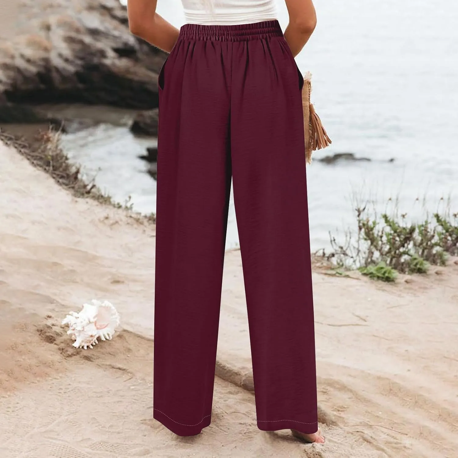 Wide Leg Linen Pants Women Summer Elastic High Waisted Palazzo Pants Side Slit Casual Work Beach Trousers with Pocket
