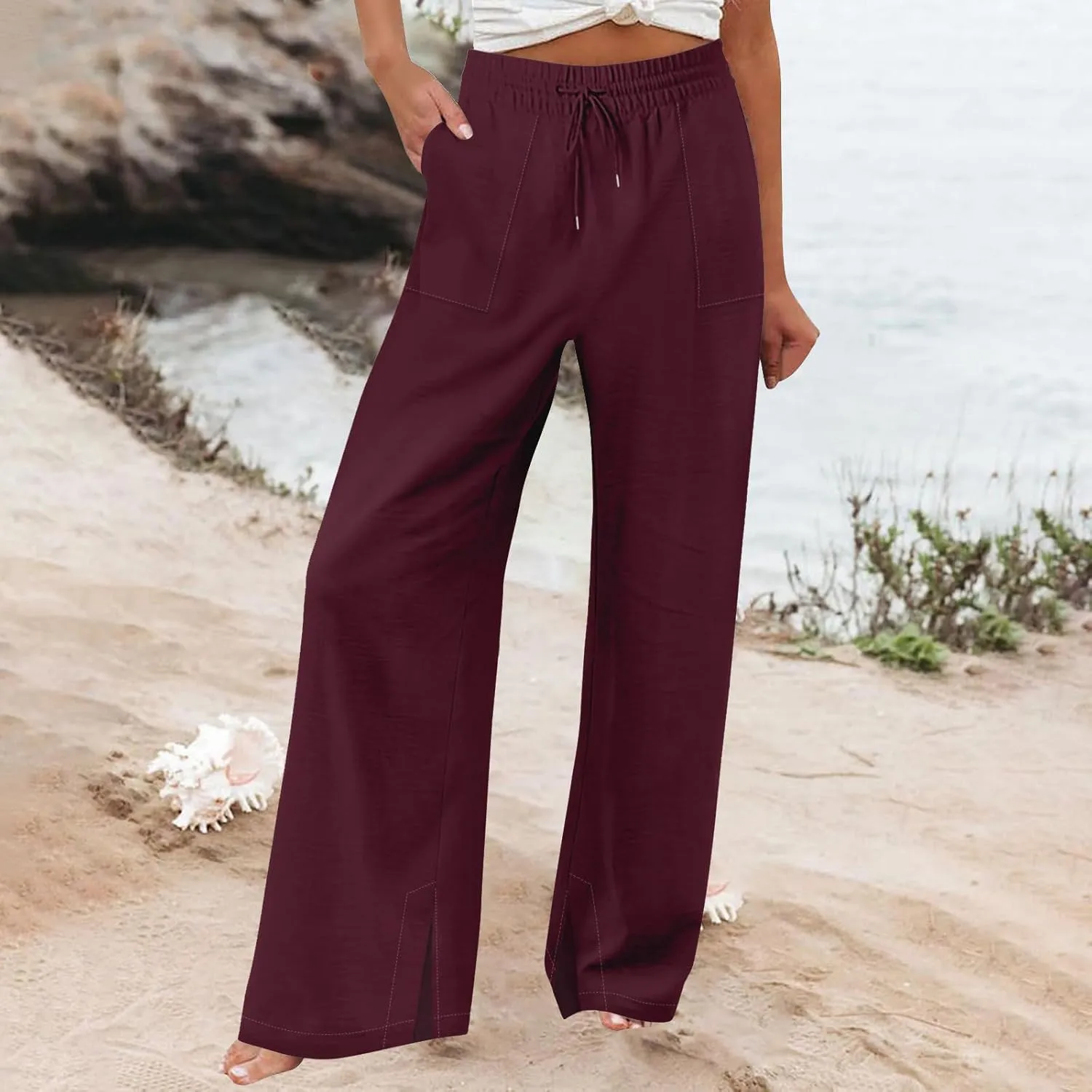 Wide Leg Linen Pants Women Summer Elastic High Waisted Palazzo Pants Side Slit Casual Work Beach Trousers with Pocket