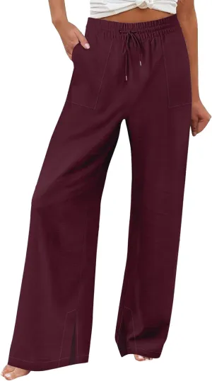 Wide Leg Linen Pants Women Summer Elastic High Waisted Palazzo Pants Side Slit Casual Work Beach Trousers with Pocket